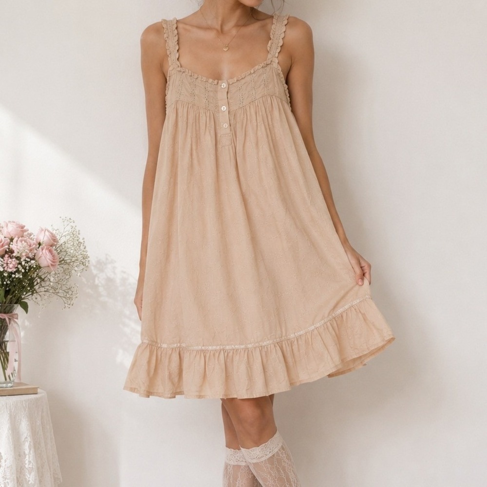 Vtg Coquette Cottagecore Babydoll Dress Slip Floral Embroidered Ruffle L Cotton